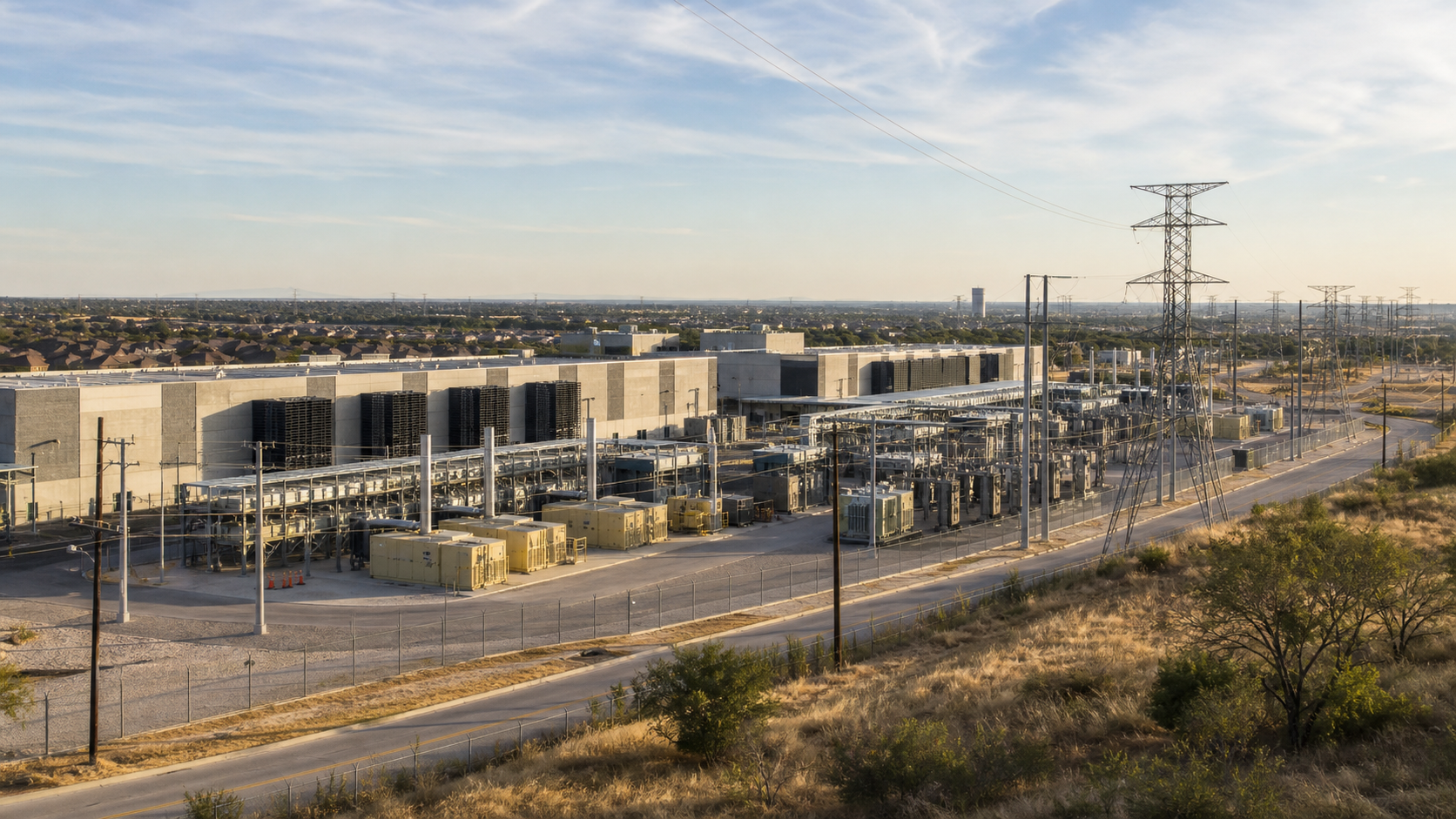 AI data center campus with on-site power infrastructure and transmission lines near a Texas neighborhood.