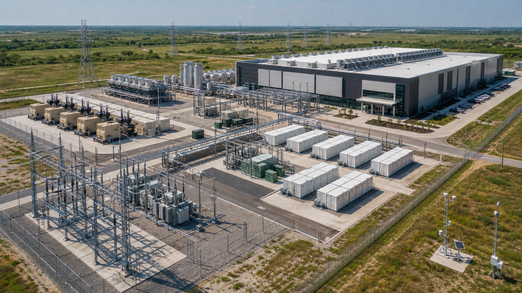 Aerial view of AI data center with dedicated substation, battery storage, and power infrastructure in Texas.